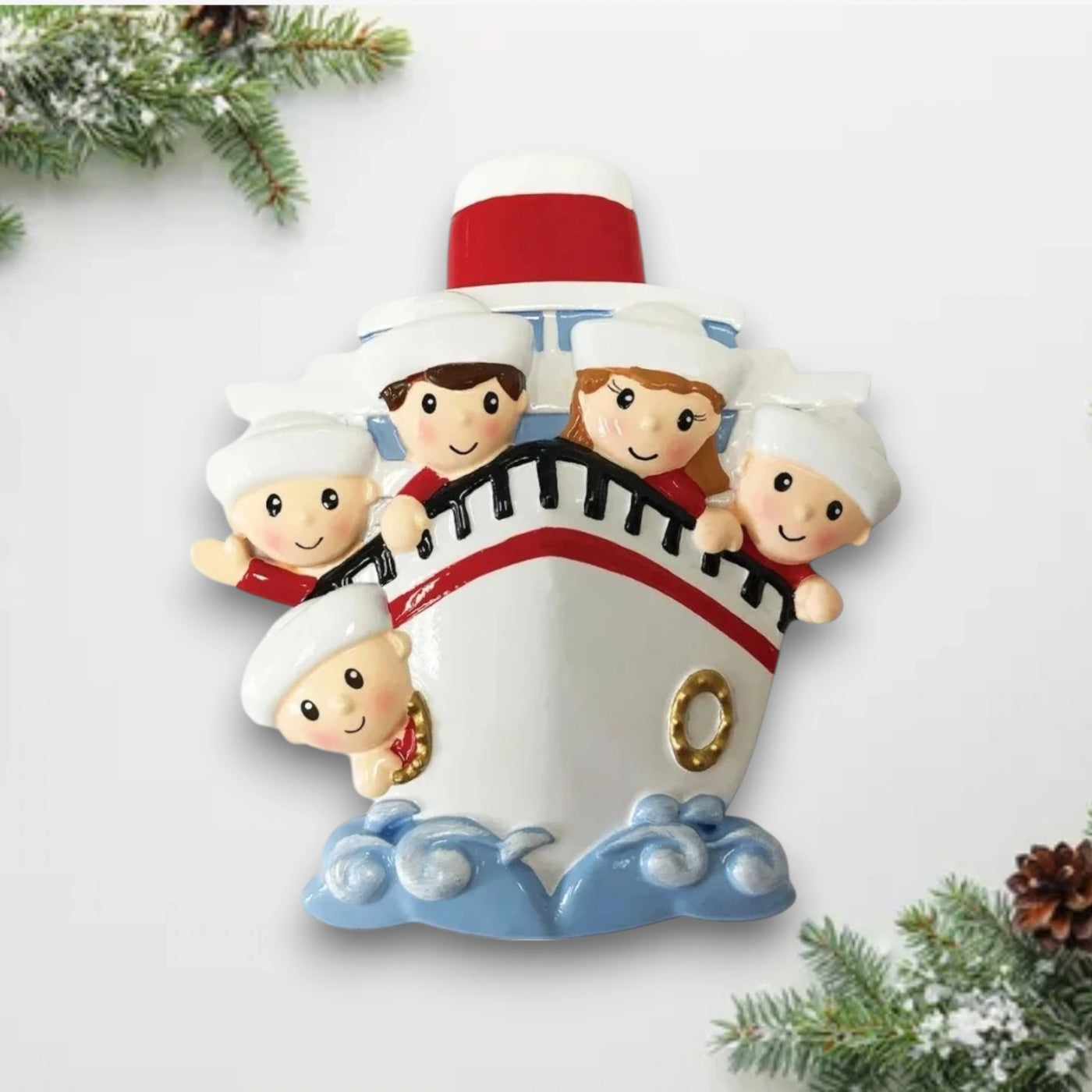 Personalized Family of 5 on a Cruise Ship Christmas Ornament with customizable names and year, featuring five family members peeking over the ship’s bow.