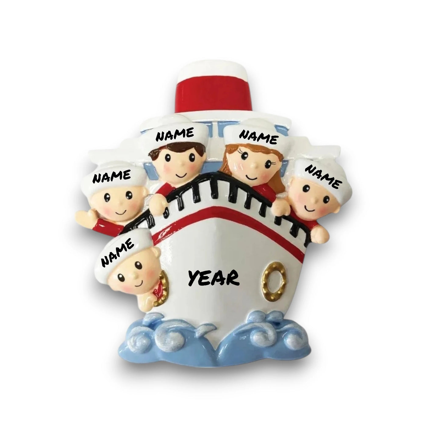 Personalized Family of 5 on a Cruise Ship Christmas Ornament with customizable names and year, featuring five family members peeking over the ship’s bow.