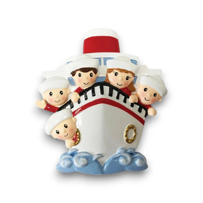 Personalized Family of 5 on a Cruise Ship Christmas Ornament with customizable names and year, featuring five family members peeking over the ship’s bow.