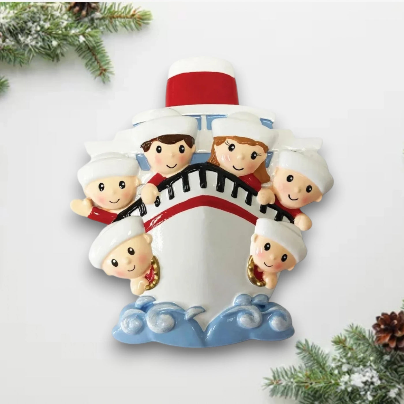 Personalized Family of 6 on a Cruise Ship Christmas Ornament with customizable names and year, featuring six family members on a cruise ship bow.