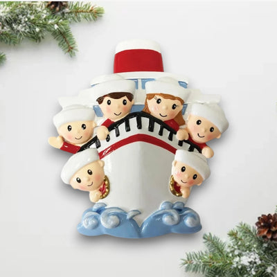 Personalized Family of 6 on a Cruise Ship Christmas Ornament with customizable names and year, featuring six family members on a cruise ship bow.