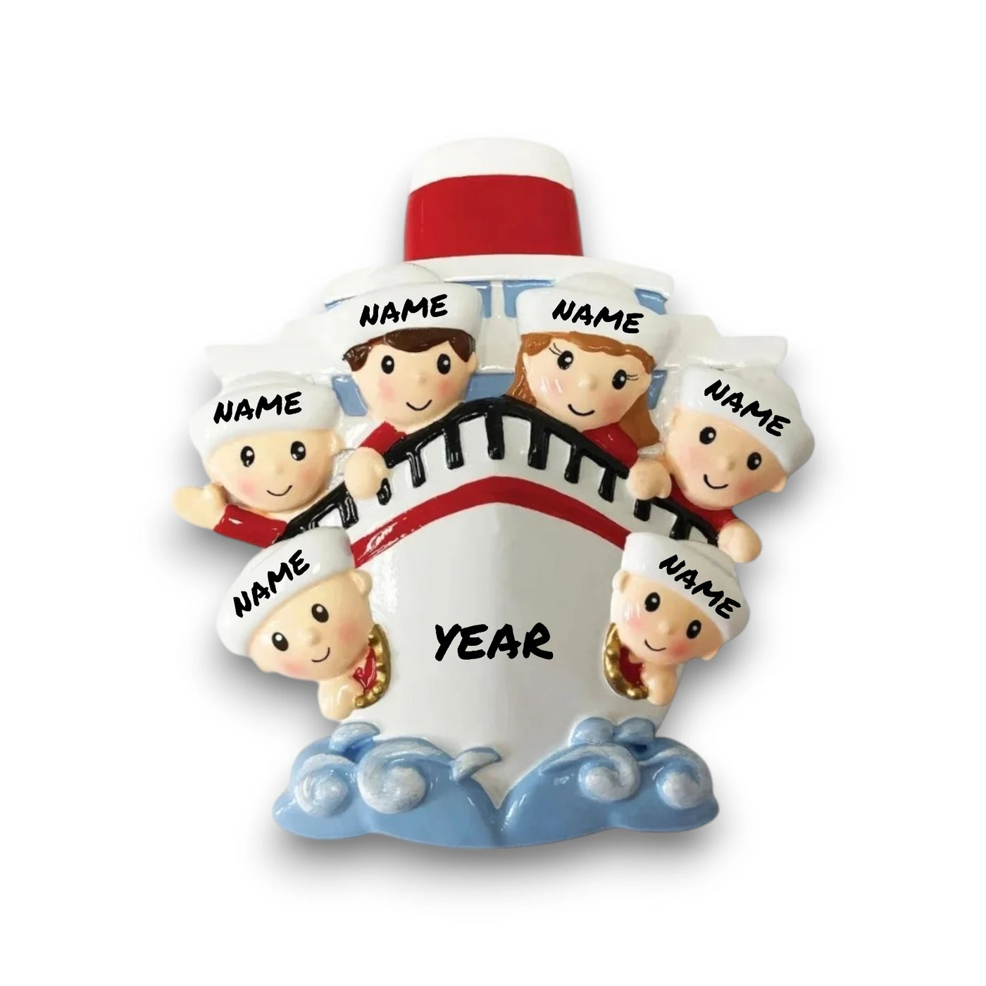 Personalized Family of 6 on a Cruise Ship Christmas Ornament with customizable names and year, featuring six family members on a cruise ship bow.