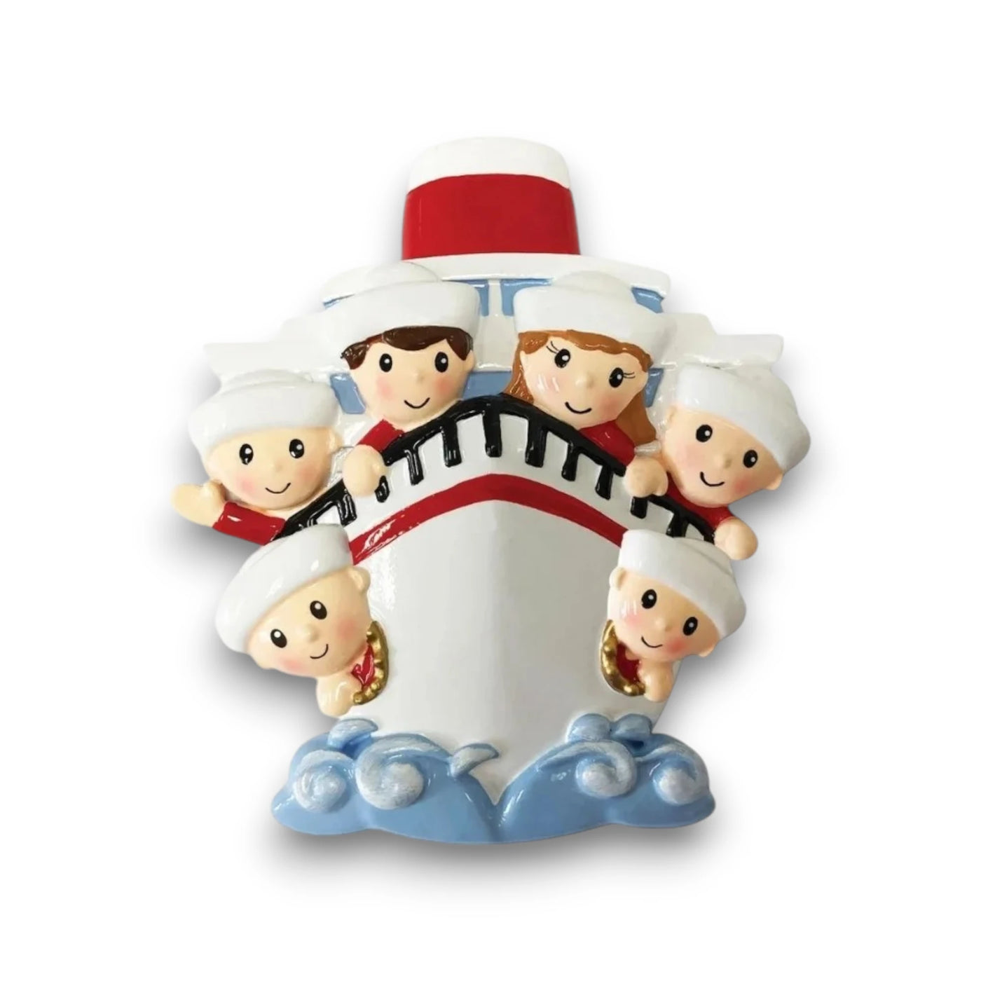 Personalized Family of 6 on a Cruise Ship Christmas Ornament with customizable names and year, featuring six family members on a cruise ship bow.