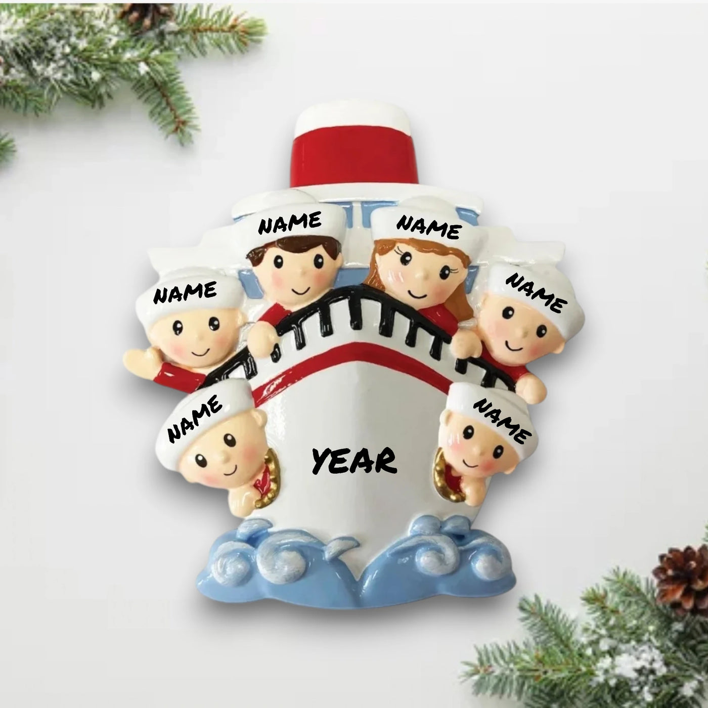 Personalized Family of 6 on a Cruise Ship Christmas Ornament with customizable names and year, featuring six family members on a cruise ship bow.