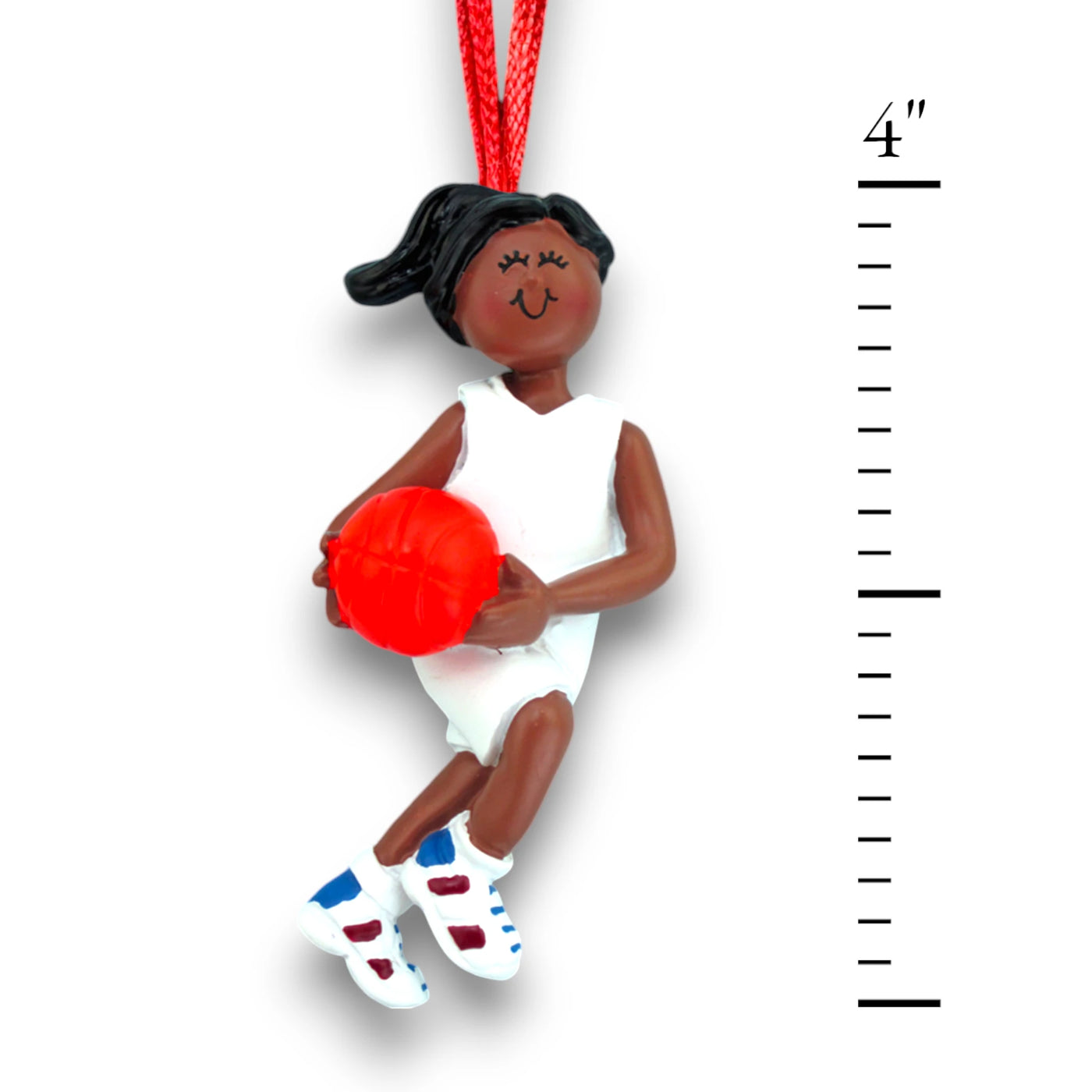 Personalized African American Female Basketball Ornament in White Uniform with Red Basketball – Custom Name, Team, and Year Resin Ornament