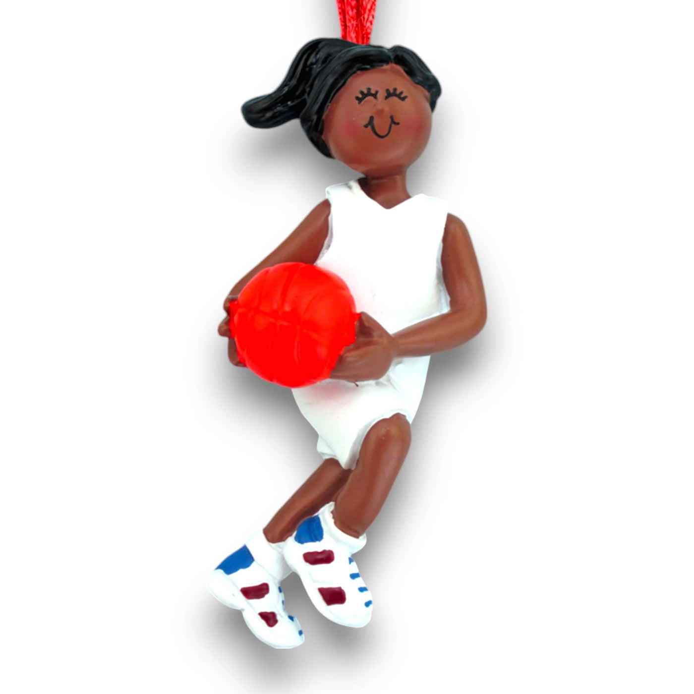 Personalized African American Female Basketball Ornament in White Uniform with Red Basketball – Custom Name, Team, and Year Resin Ornament