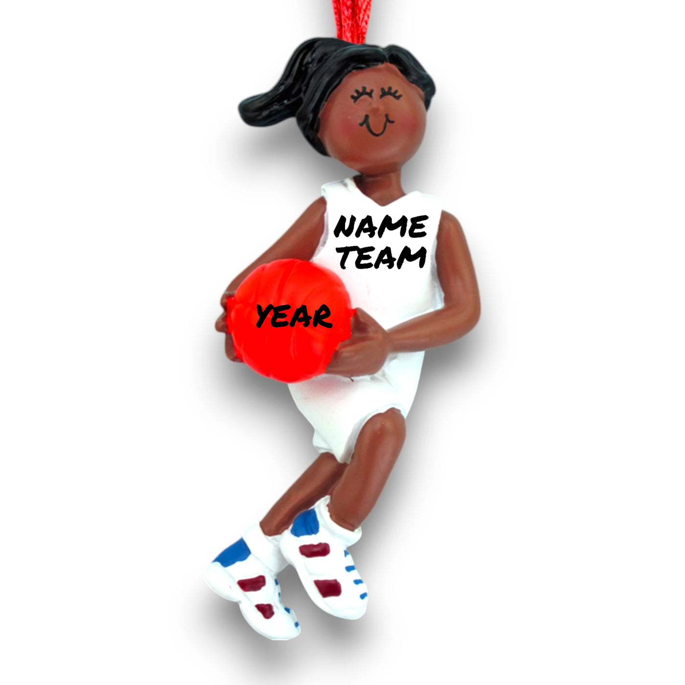 Personalized African American Female Basketball Ornament in White Uniform with Red Basketball – Custom Name, Team, and Year Resin Ornament