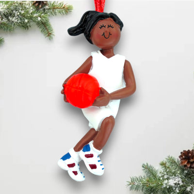 Personalized African American Female Basketball Ornament in White Uniform with Red Basketball – Custom Name, Team, and Year Resin Ornament