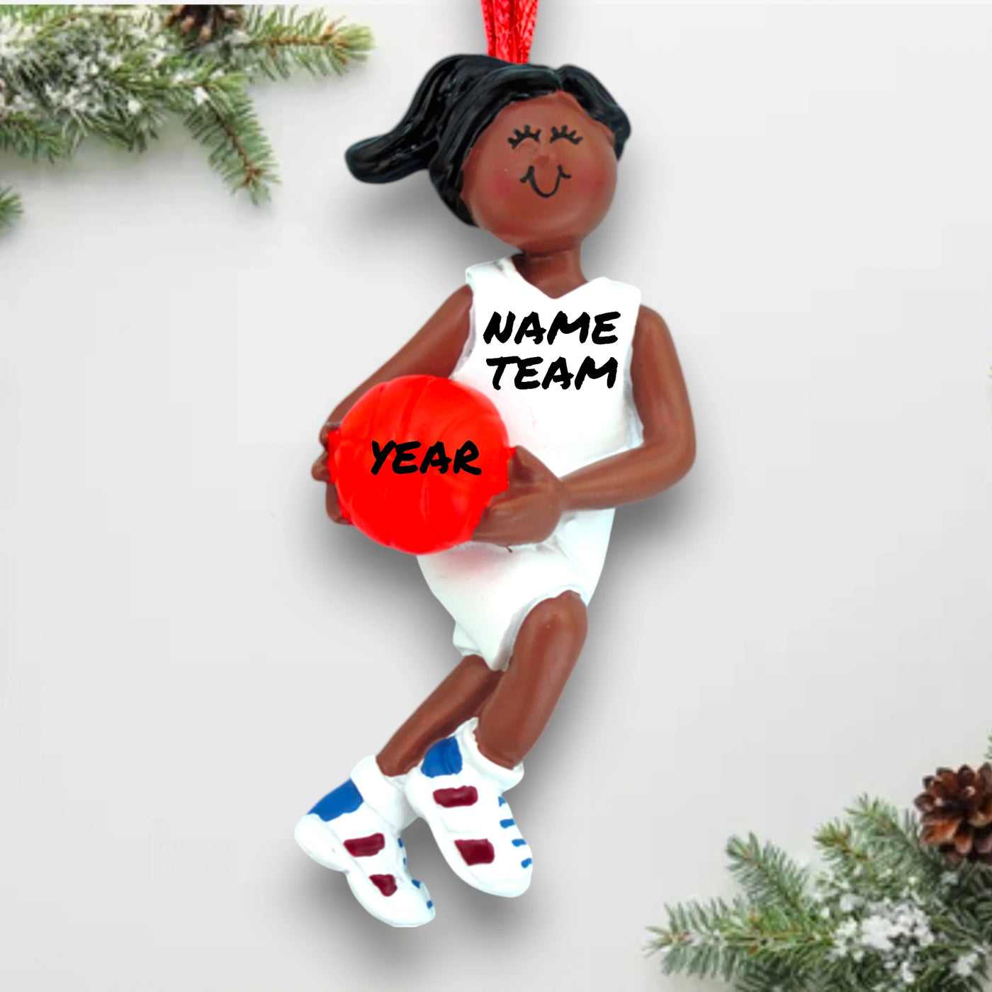 Personalized African American Female Basketball Ornament in White Uniform with Red Basketball – Custom Name, Team, and Year Resin Ornament