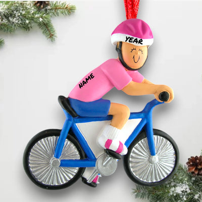 Personalized Female Bicycle Rider Christmas Ornament in Pink Shirt with Blue Shorts and Helmet – Custom Name and Year Resin Ornament

