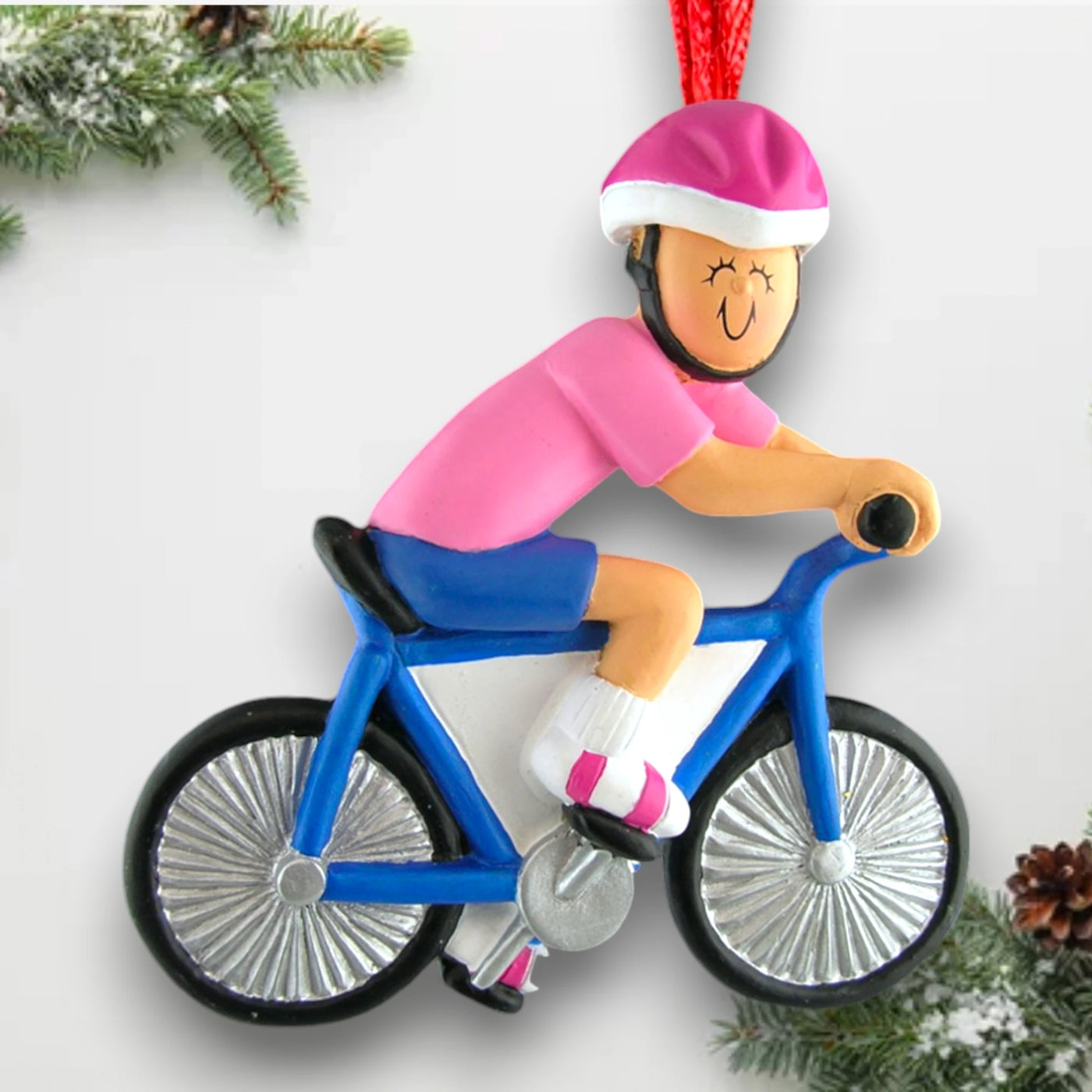 Personalized Female Bicycle Rider Christmas Ornament in Pink Shirt with Blue Shorts and Helmet – Custom Name and Year Resin Ornament

