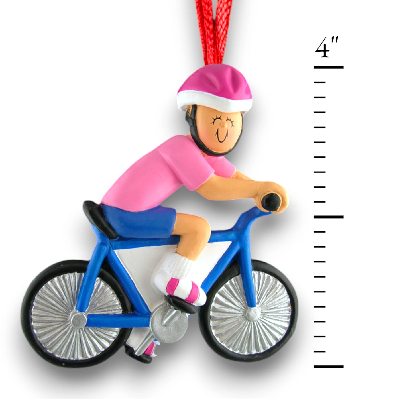 Personalized Female Bicycle Rider Christmas Ornament in Pink Shirt with Blue Shorts and Helmet – Custom Name and Year Resin Ornament

