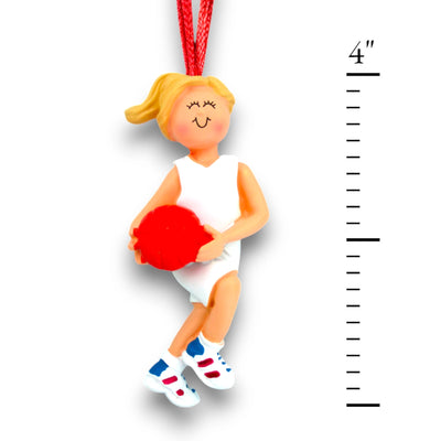 Personalized Female Blonde Basketball Ornament with Red Basketball – Custom Name, Team, and Year Resin Ornament