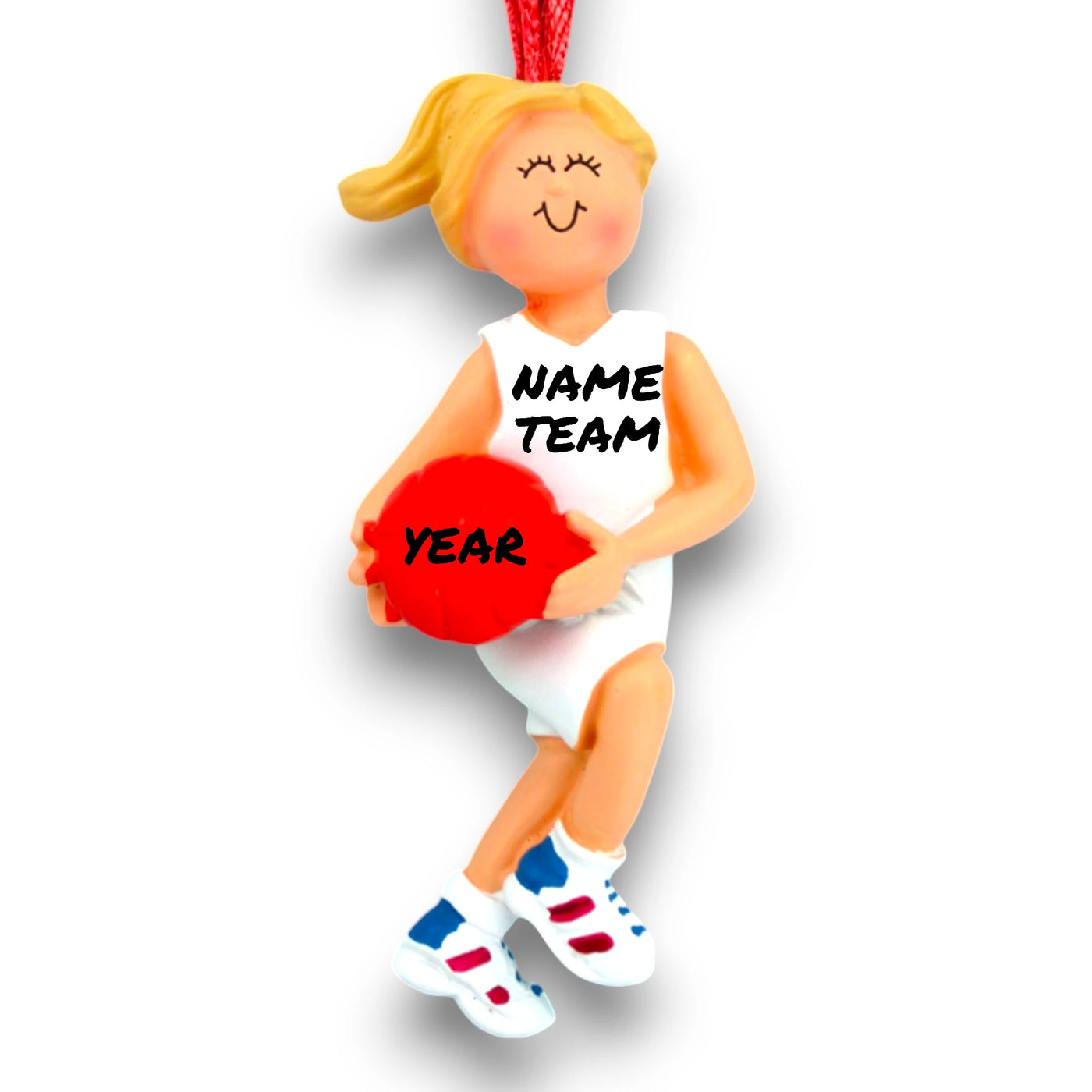 Personalized Female Blonde Basketball Ornament with Red Basketball – Custom Name, Team, and Year Resin Ornament