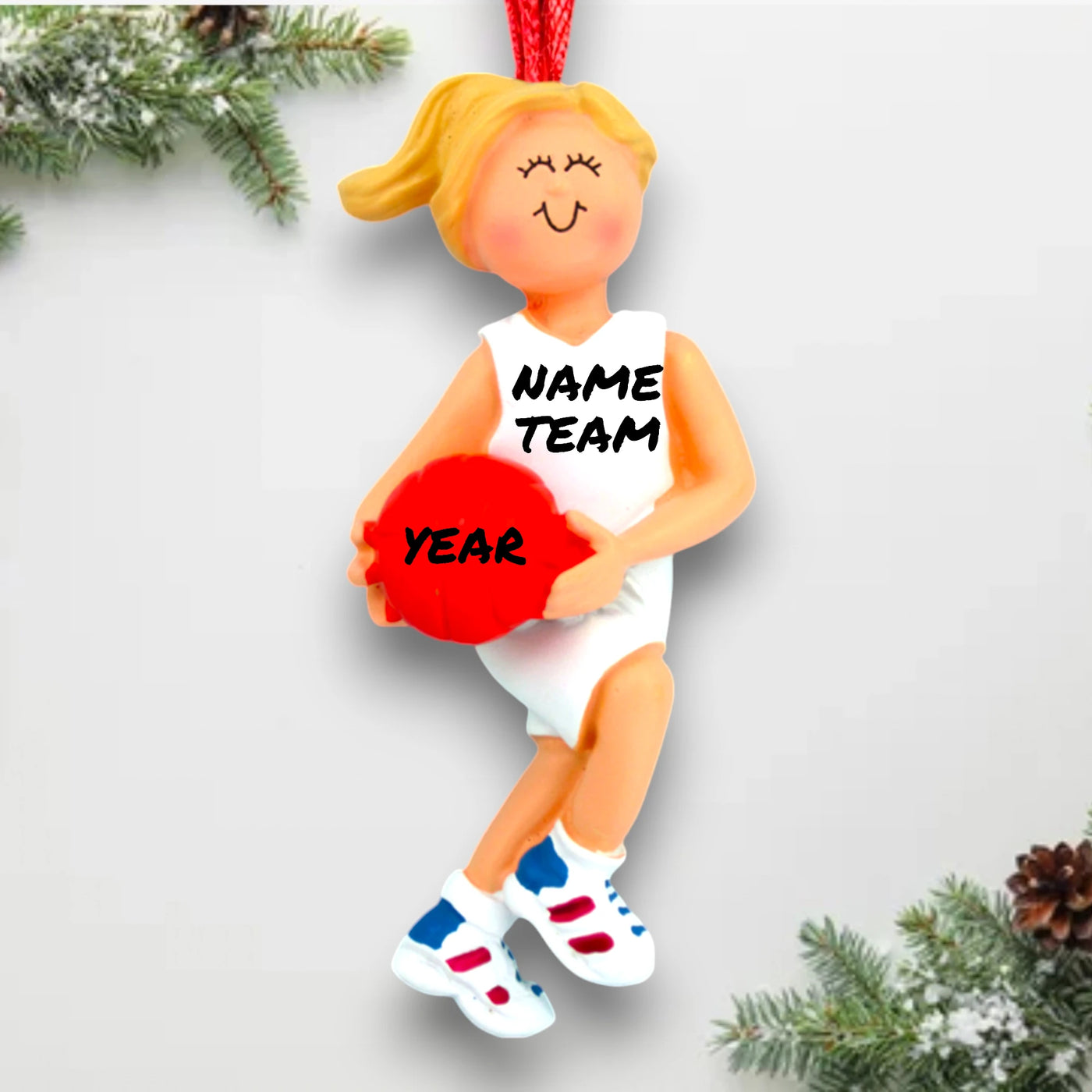 Personalized Female Blonde Basketball Ornament with Red Basketball – Custom Name, Team, and Year Resin Ornament