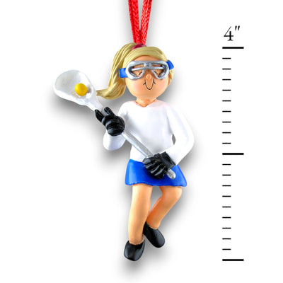 Personalized Female Blonde Lacrosse Ornament featuring a player in a white and blue uniform, holding a lacrosse stick, customizable with name, team, and year.

