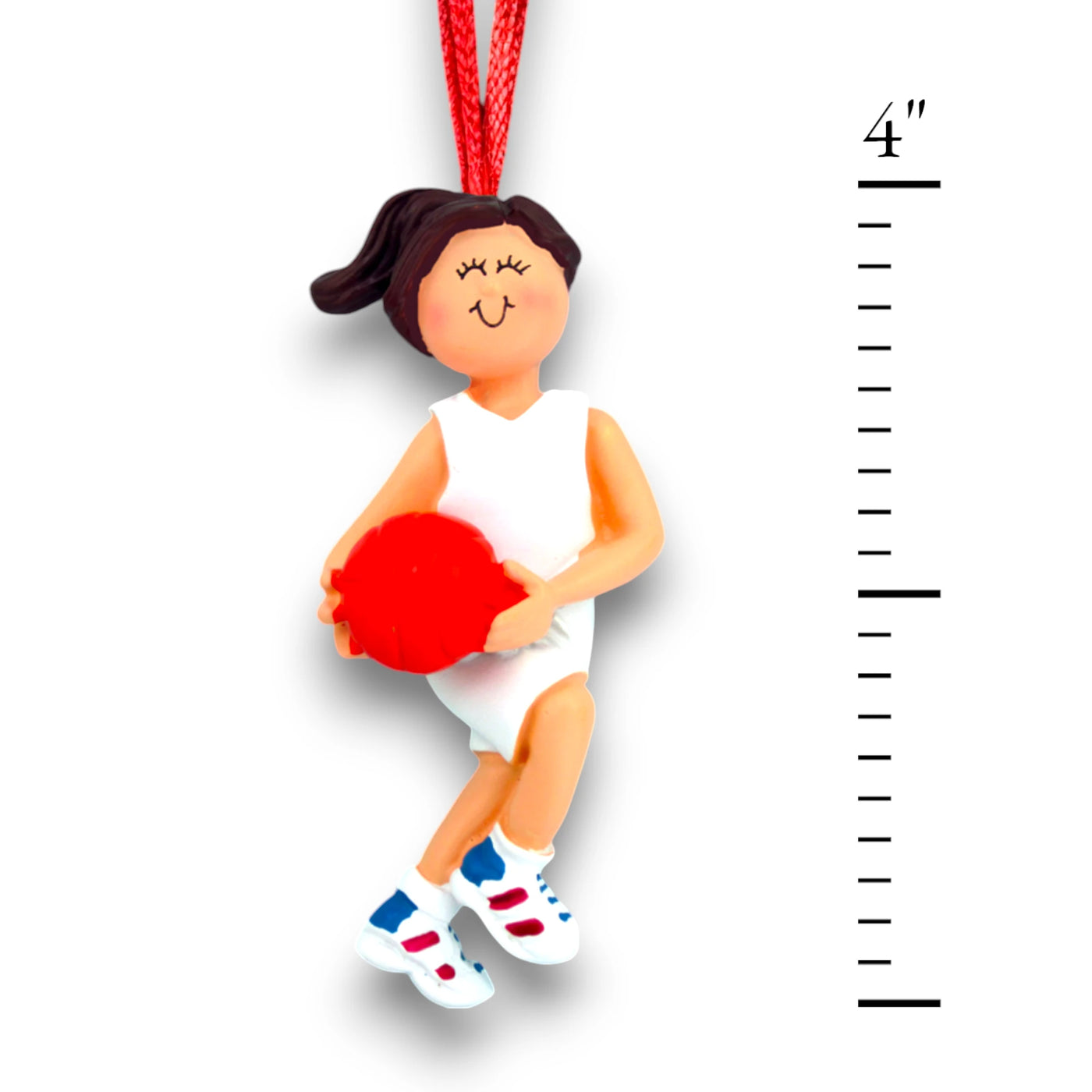 Personalized Female Brunette-Haired Basketball Ornament with Red Ball – Custom Name, Team, and Year Resin Ornament