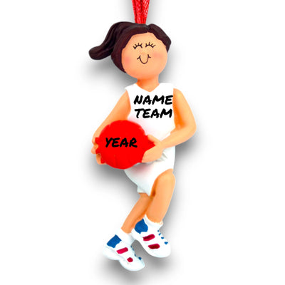 Personalized Female Brunette-Haired Basketball Ornament with Red Ball – Custom Name, Team, and Year Resin Ornament