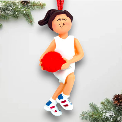 Personalized Female Brunette-Haired Basketball Ornament with Red Ball – Custom Name, Team, and Year Resin Ornament