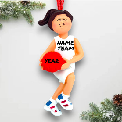 Personalized Female Brunette-Haired Basketball Ornament with Red Ball – Custom Name, Team, and Year Resin Ornament