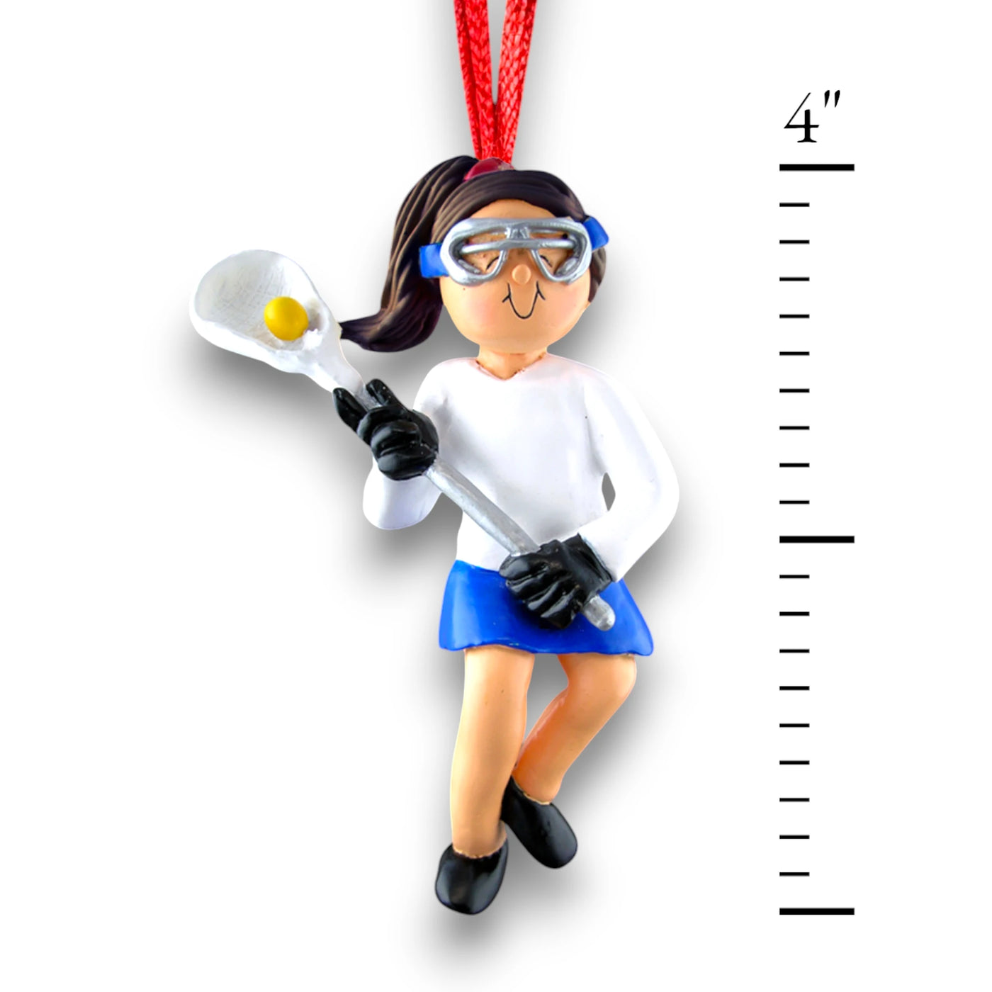 Personalized Female Lacrosse Ornament featuring a brunette player in uniform with a lacrosse stick, customizable with name, team, and year.