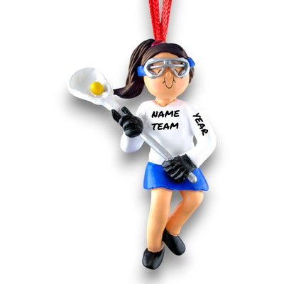 Personalized Female Lacrosse Ornament featuring a brunette player in uniform with a lacrosse stick, customizable with name, team, and year.