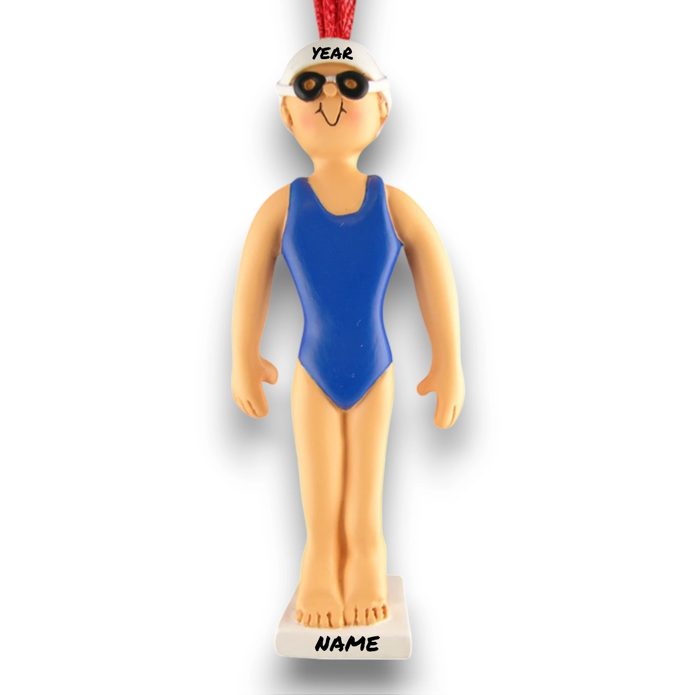 Personalized Female Swimmer Ornament with Name and Year – Blue Swimsuit Resin Christmas Ornament.