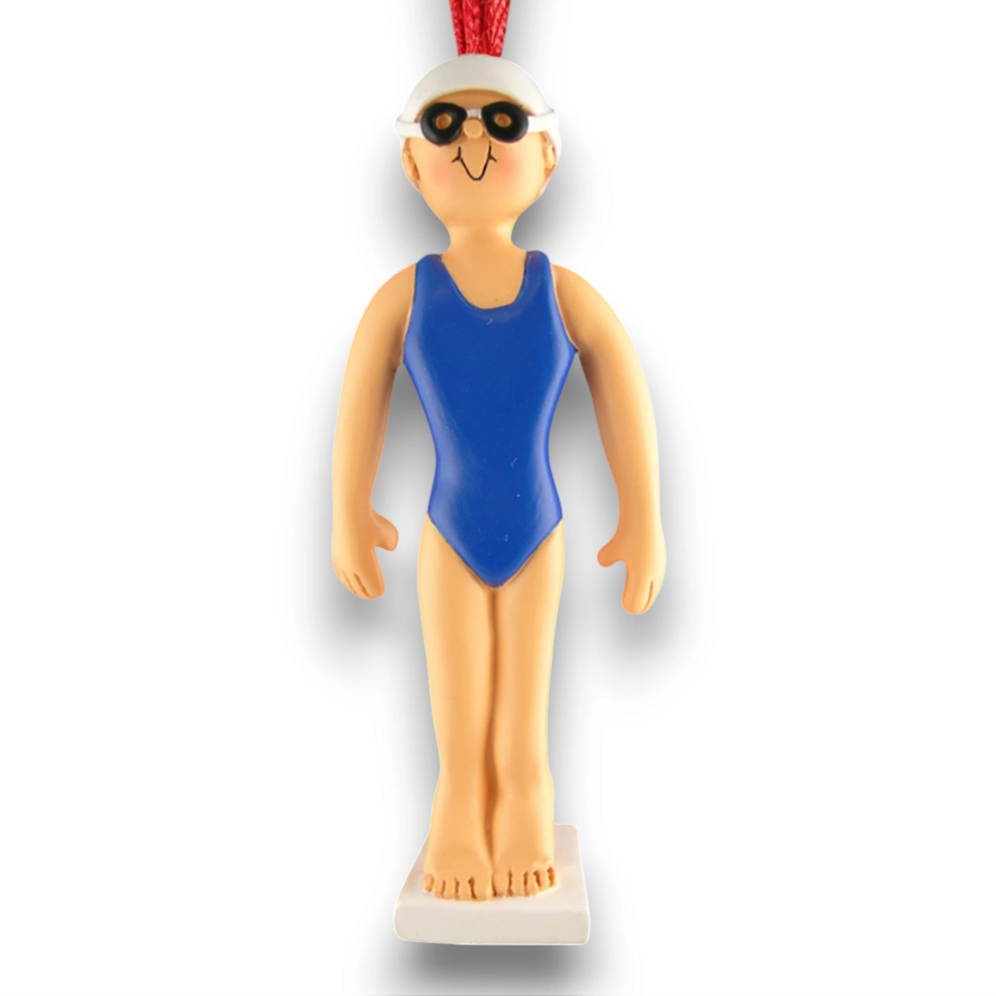 Personalized Female Swimmer Ornament with Name and Year – Blue Swimsuit Resin Christmas Ornament.