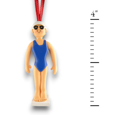 Personalized Female Swimmer Ornament with Name and Year – Blue Swimsuit Resin Christmas Ornament.