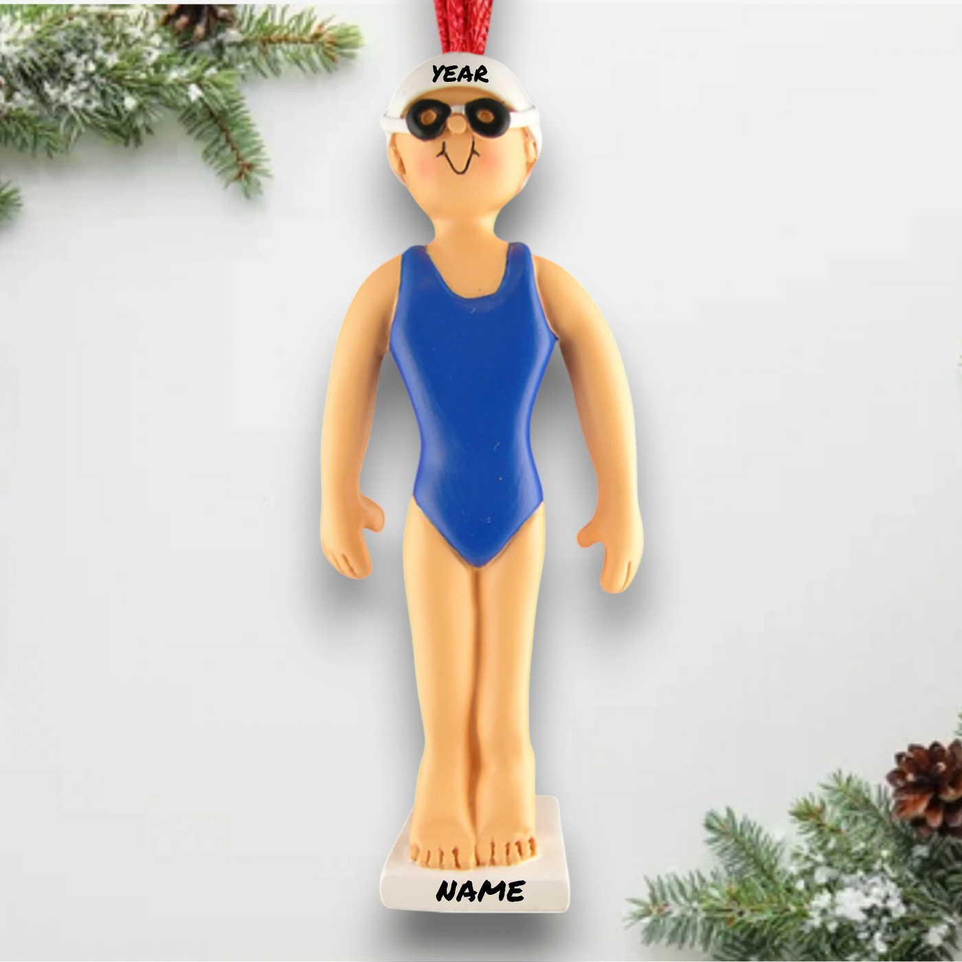 Personalized Female Swimmer Ornament with Name and Year – Blue Swimsuit Resin Christmas Ornament.