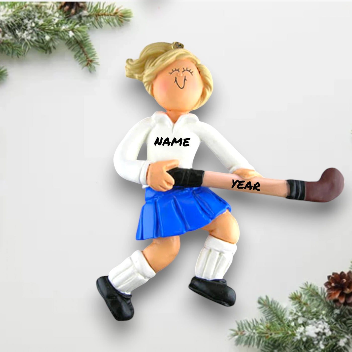 Personalized Female Blonde Field Hockey Ornament with Custom Name and Year – Blue Skirt Resin Christmas Ornament.