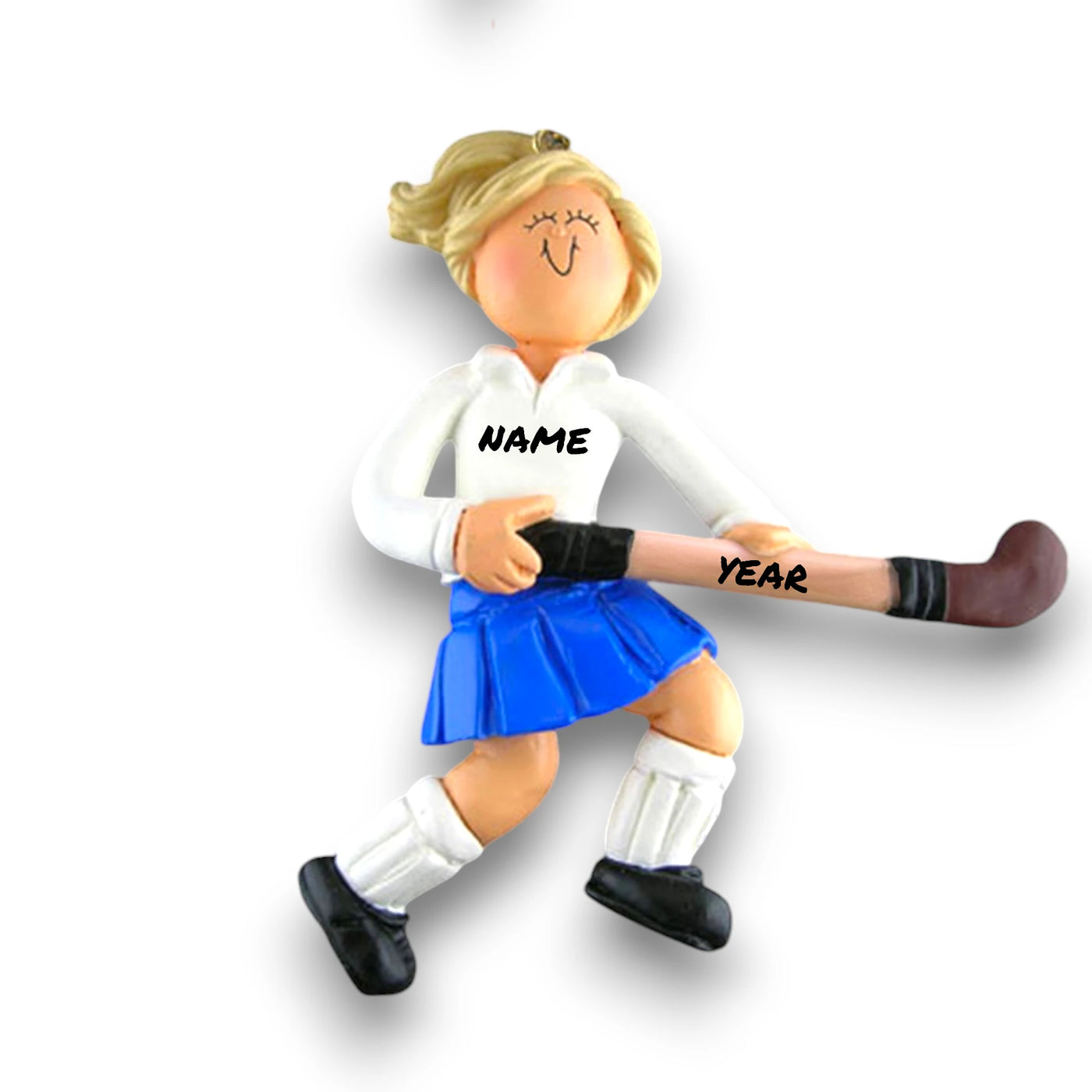 Personalized Female Blonde Field Hockey Ornament with Custom Name and Year – Blue Skirt Resin Christmas Ornament.