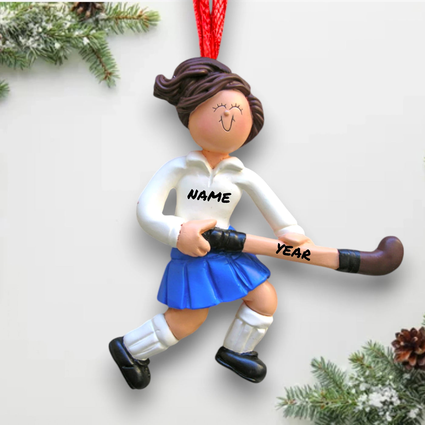 Personalized Field Hockey Female Brunette Christmas Ornament with Name and Year – Resin Christmas Tree Decoration.