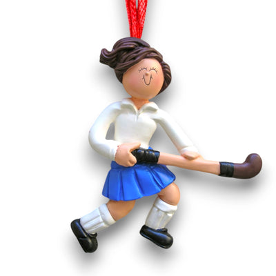 Personalized Field Hockey Female Brunette Christmas Ornament with Name and Year – Resin Christmas Tree Decoration.