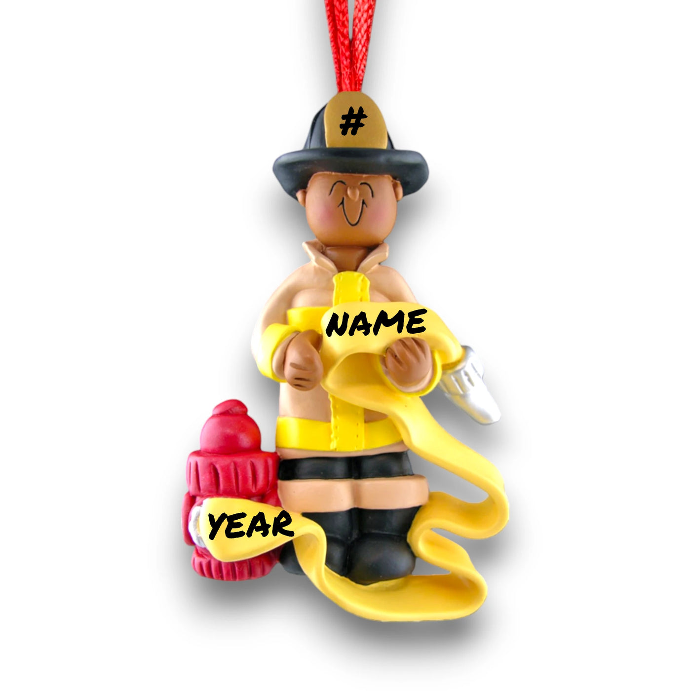 Personalized African American Firefighter Christmas Ornament holding a hose with hydrant – Custom Name and Year Resin Ornament