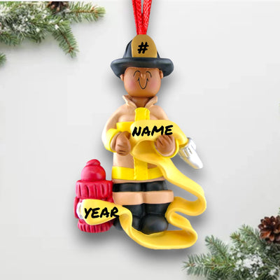 Personalized African American Firefighter Christmas Ornament holding a hose with hydrant – Custom Name and Year Resin Ornament