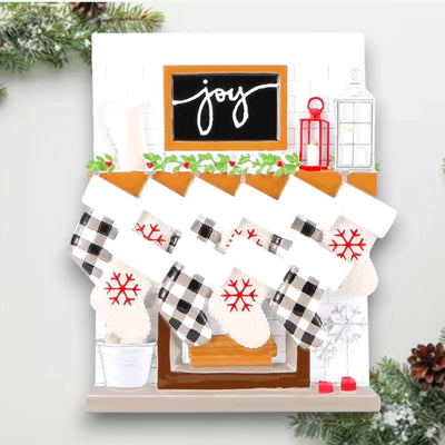 Personalized Fireplace Mantle Family of 10 Christmas Ornament with customizable names and year, featuring ten stockings on a festive mantle.