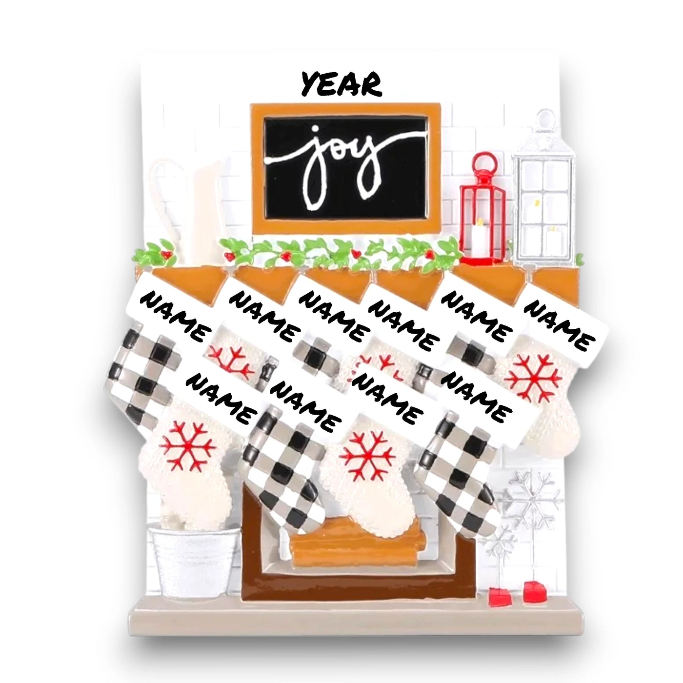 Personalized Fireplace Mantle Family of 10 Christmas Ornament with customizable names and year, featuring ten stockings on a festive mantle.