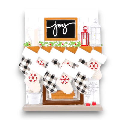 Personalized Fireplace Mantle Family of 10 Christmas Ornament with customizable names and year, featuring ten stockings on a festive mantle.