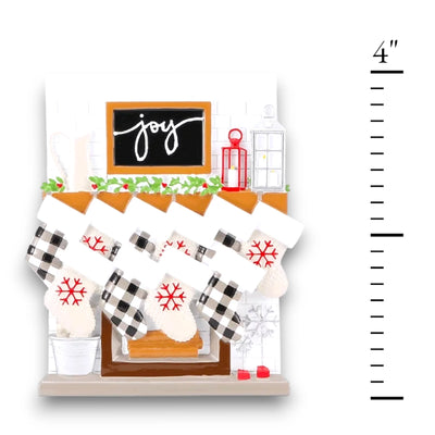 Personalized Fireplace Mantle Family of 10 Christmas Ornament with customizable names and year, featuring ten stockings on a festive mantle.