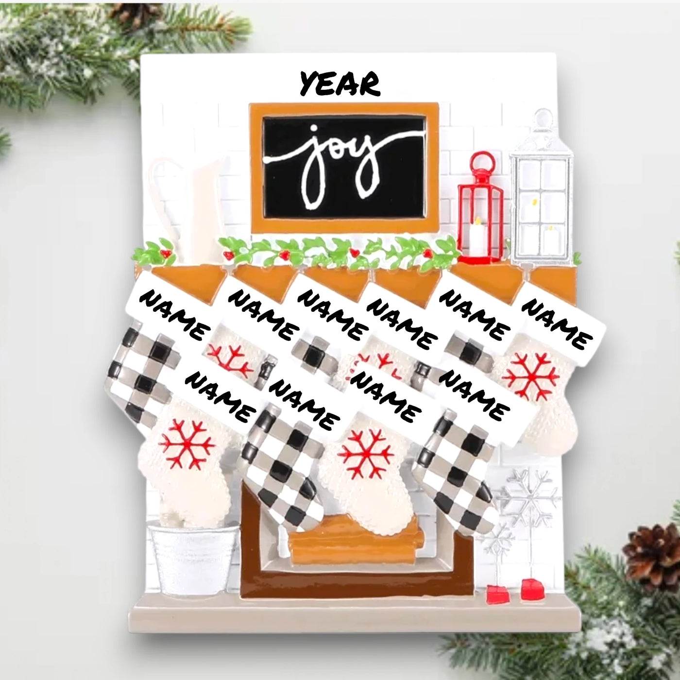 Personalized Fireplace Mantle Family of 10 Christmas Ornament with customizable names and year, featuring ten stockings on a festive mantle.