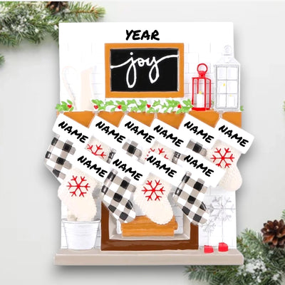 Personalized Fireplace Mantle Family of 10 Christmas Ornament with customizable names and year, featuring ten stockings on a festive mantle.