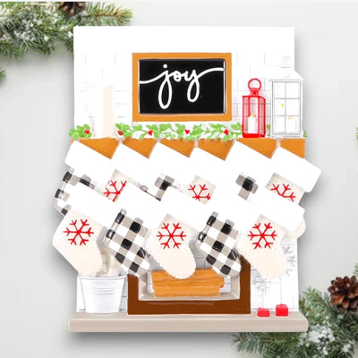 Personalized Fireplace Mantle Family of 11 Christmas Ornament with customizable names and year, featuring eleven stockings on a cozy mantle.
