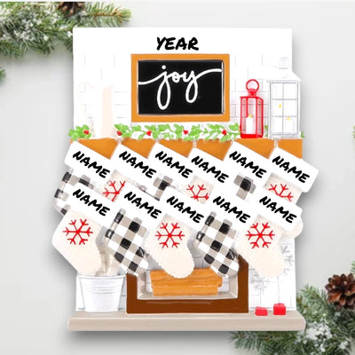 Personalized Fireplace Mantle Family of 11 Christmas Ornament with customizable names and year, featuring eleven stockings on a cozy mantle.
