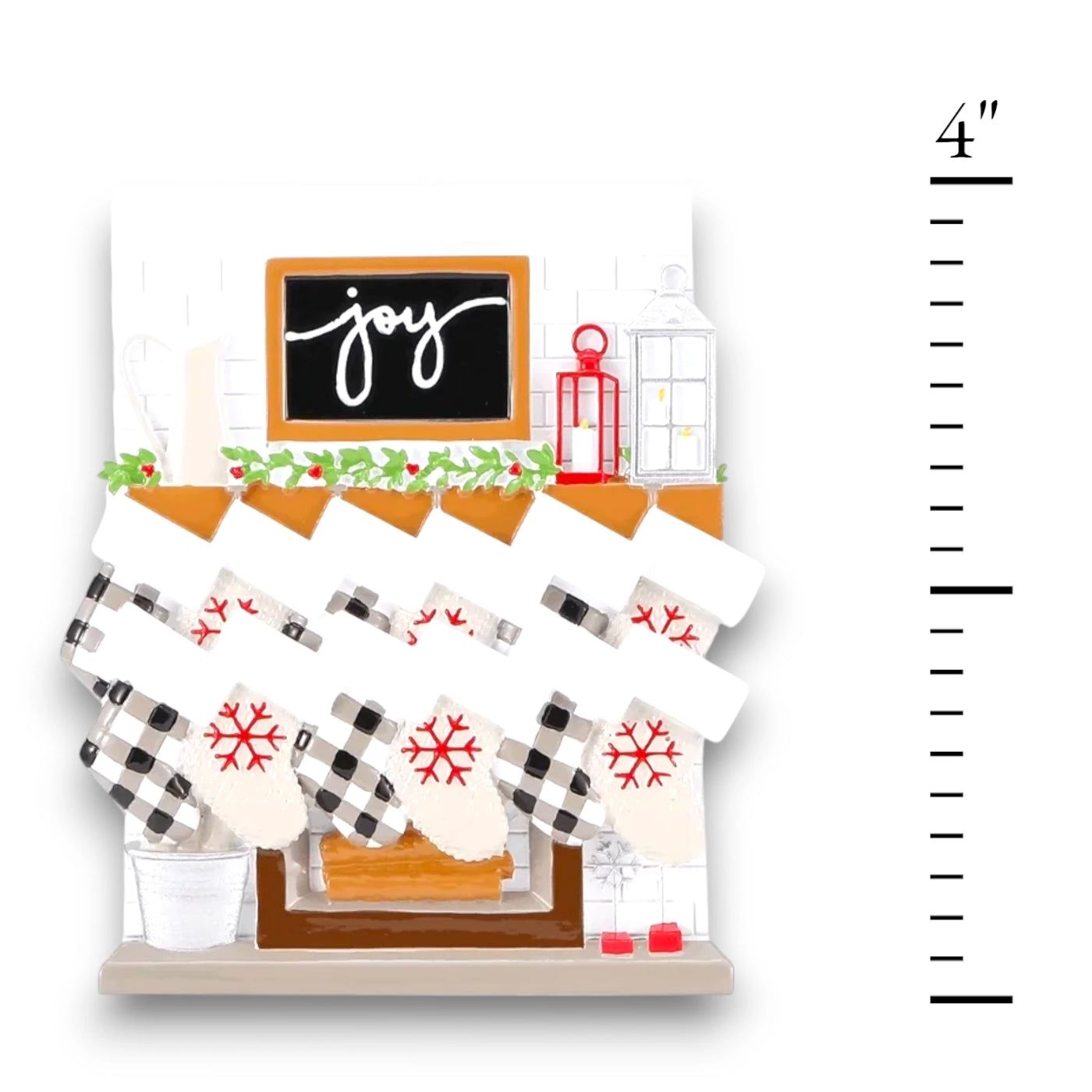 Personalized Fireplace Mantle Family of 12 Christmas Ornament with customizable names and year, featuring twelve stockings on a festive mantle.
