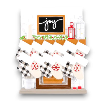 Personalized Fireplace Mantle Family of 12 Christmas Ornament with customizable names and year, featuring twelve stockings on a festive mantle.
