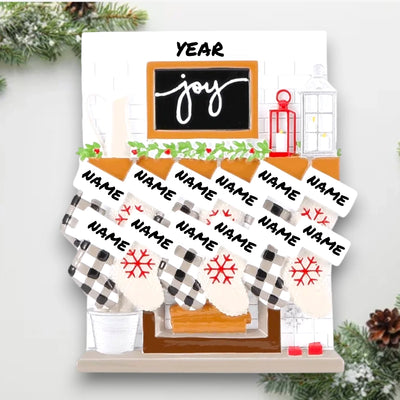 Personalized Fireplace Mantle Family of 12 Christmas Ornament with customizable names and year, featuring twelve stockings on a festive mantle.
