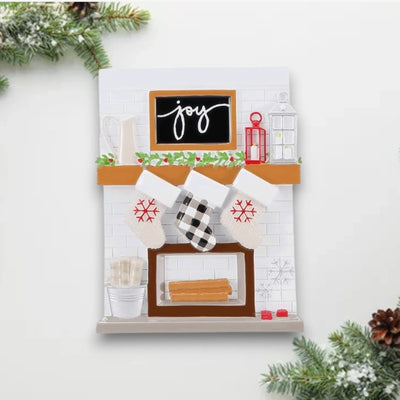 Personalized Fireplace Mantle Family of 3 Christmas Ornament with three stockings and customizable names, featuring a festive mantle with holiday decorations.