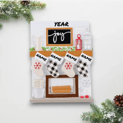 Personalized Fireplace Mantle Family of 4 Christmas Ornament with four customizable stockings, featuring a holiday-themed mantle with decorative accents.