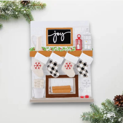 Personalized Fireplace Mantle Family of 4 Christmas Ornament with four customizable stockings, featuring a holiday-themed mantle with decorative accents.